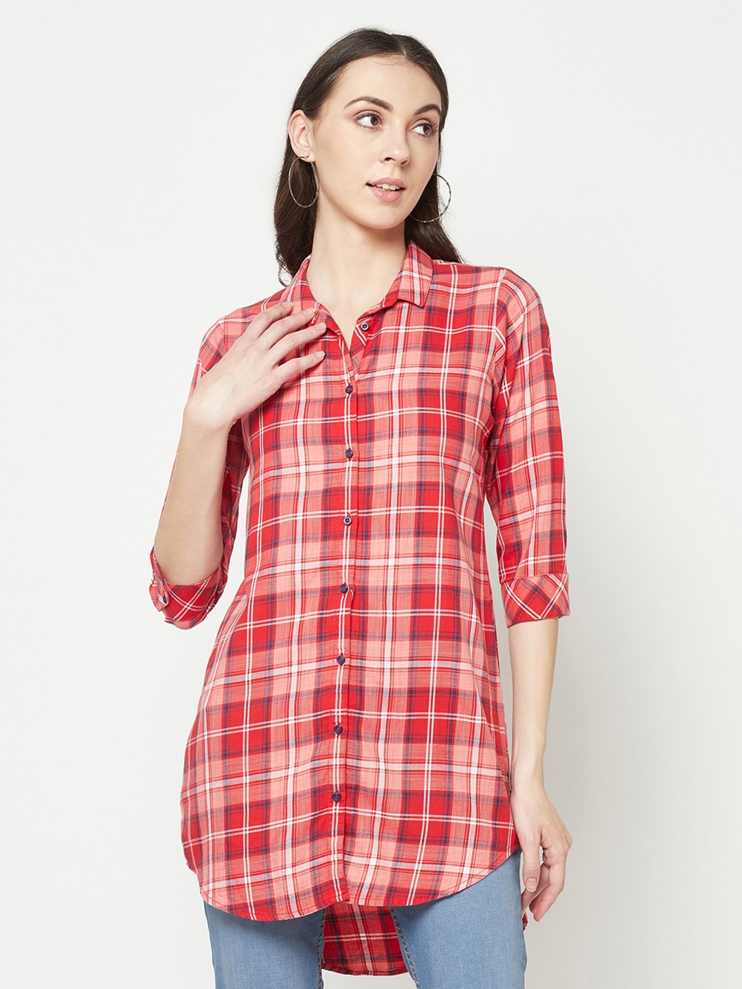 

Crimsoune Club India Slim Tartan Checked High Low Slim Fit Casual Shirt, Red