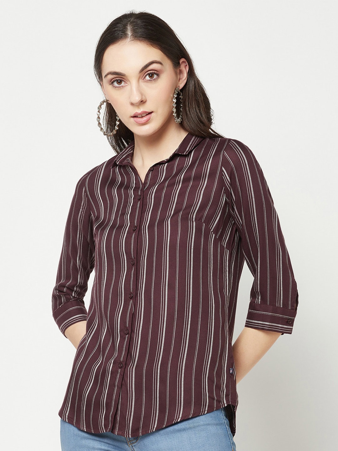 

Crimsoune Club India Slim Fit Vertical Striped Casual Shirt, Brown