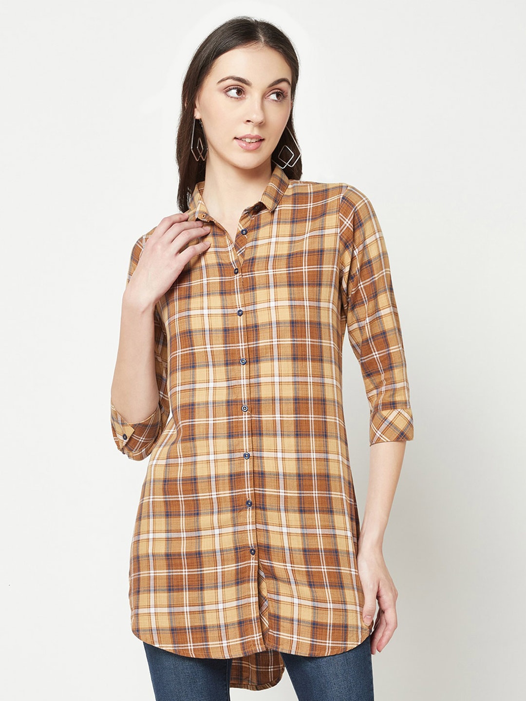 

Crimsoune Club India Slim Fit Tartan Checked Casual Longline Shirt, Khaki