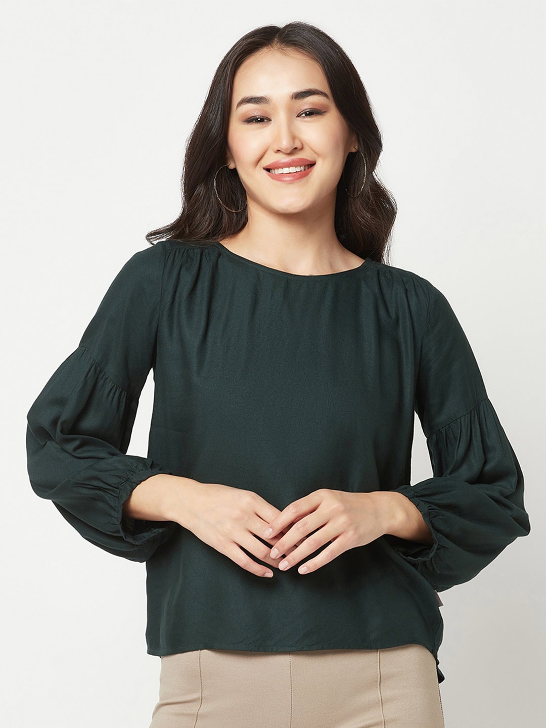 

Crimsoune Club Round Neck Puff Sleeves Top, Green