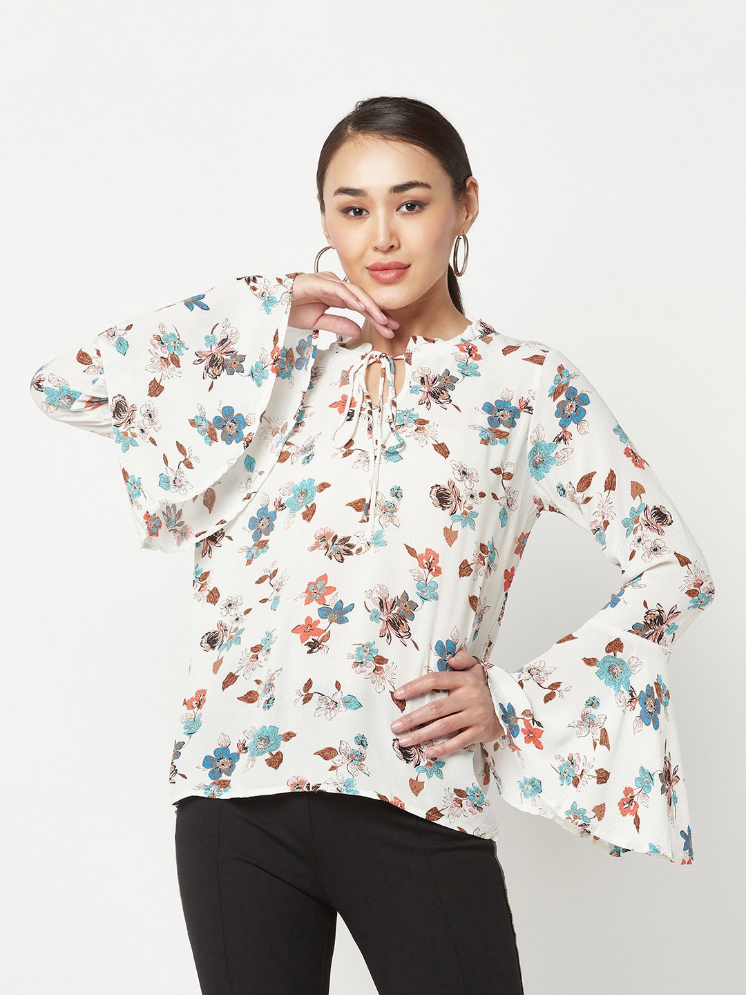 

Crimsoune Club Floral Printed Tie-Up Neck Bell Sleeves Top, White