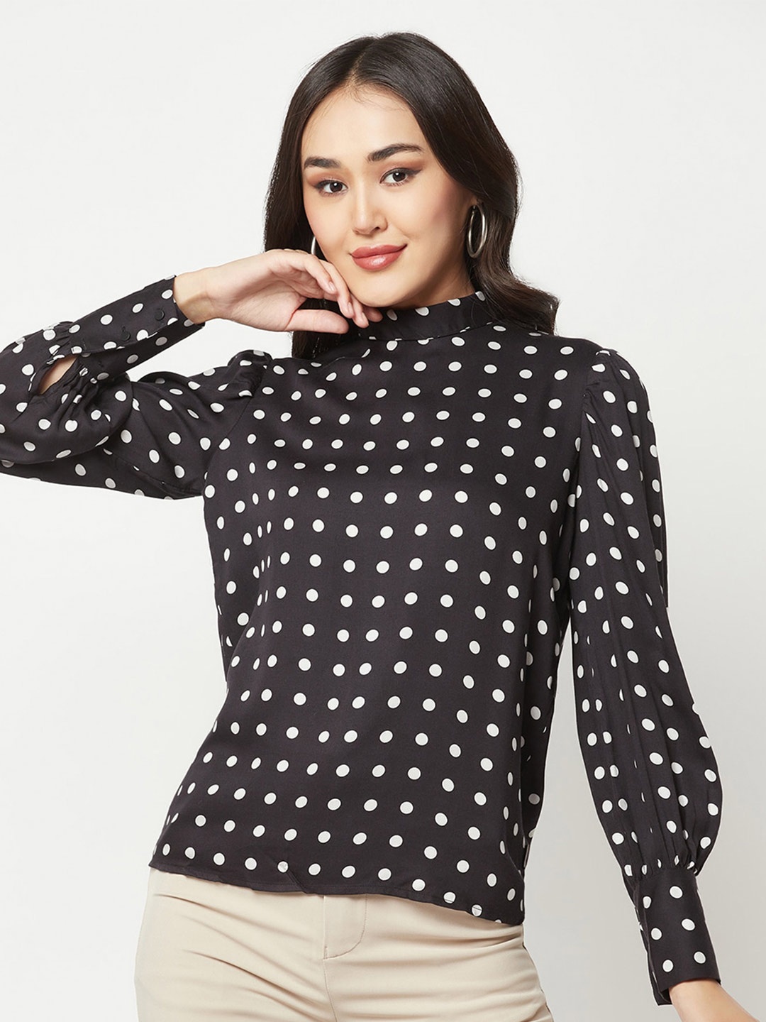 

Crimsoune Club Polka Dot Printed High Neck Cuffed Sleeves Top, Black