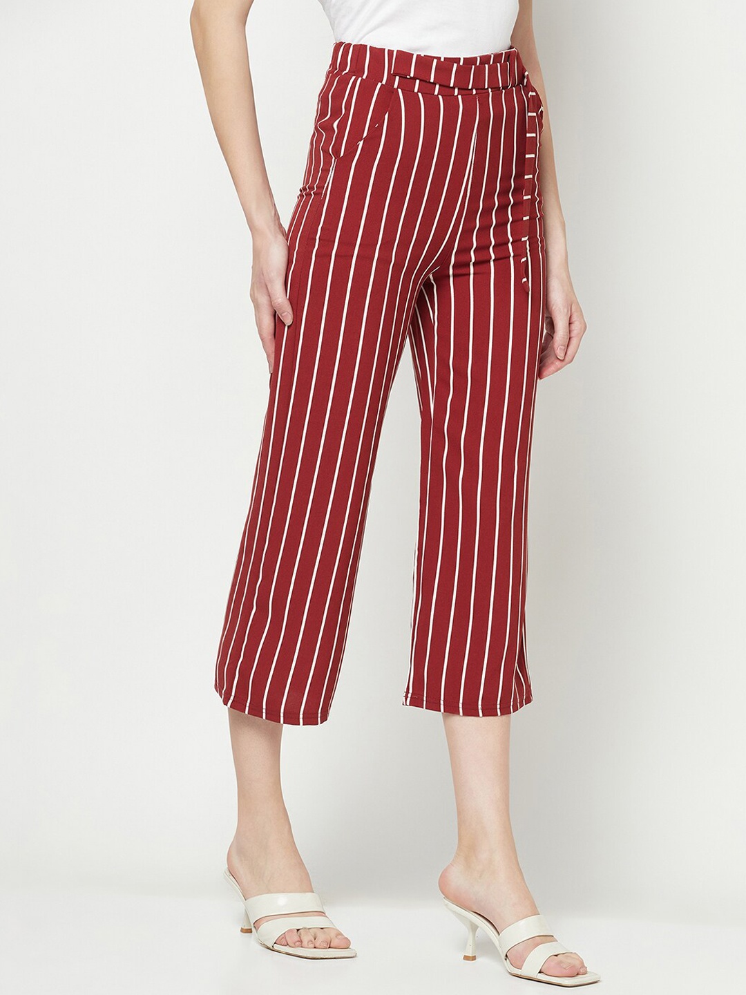 

Crimsoune Club Women Striped Relaxed Loose Fit Culottes Trousers, Red