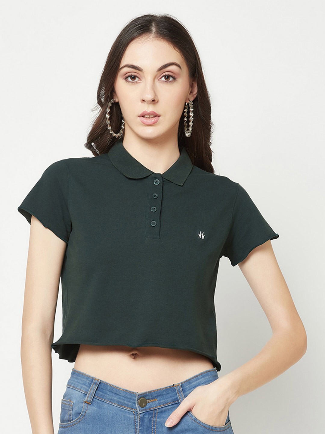 

Crimsoune Club Polo Collar Slim Fit Cropped T-shirt, Green