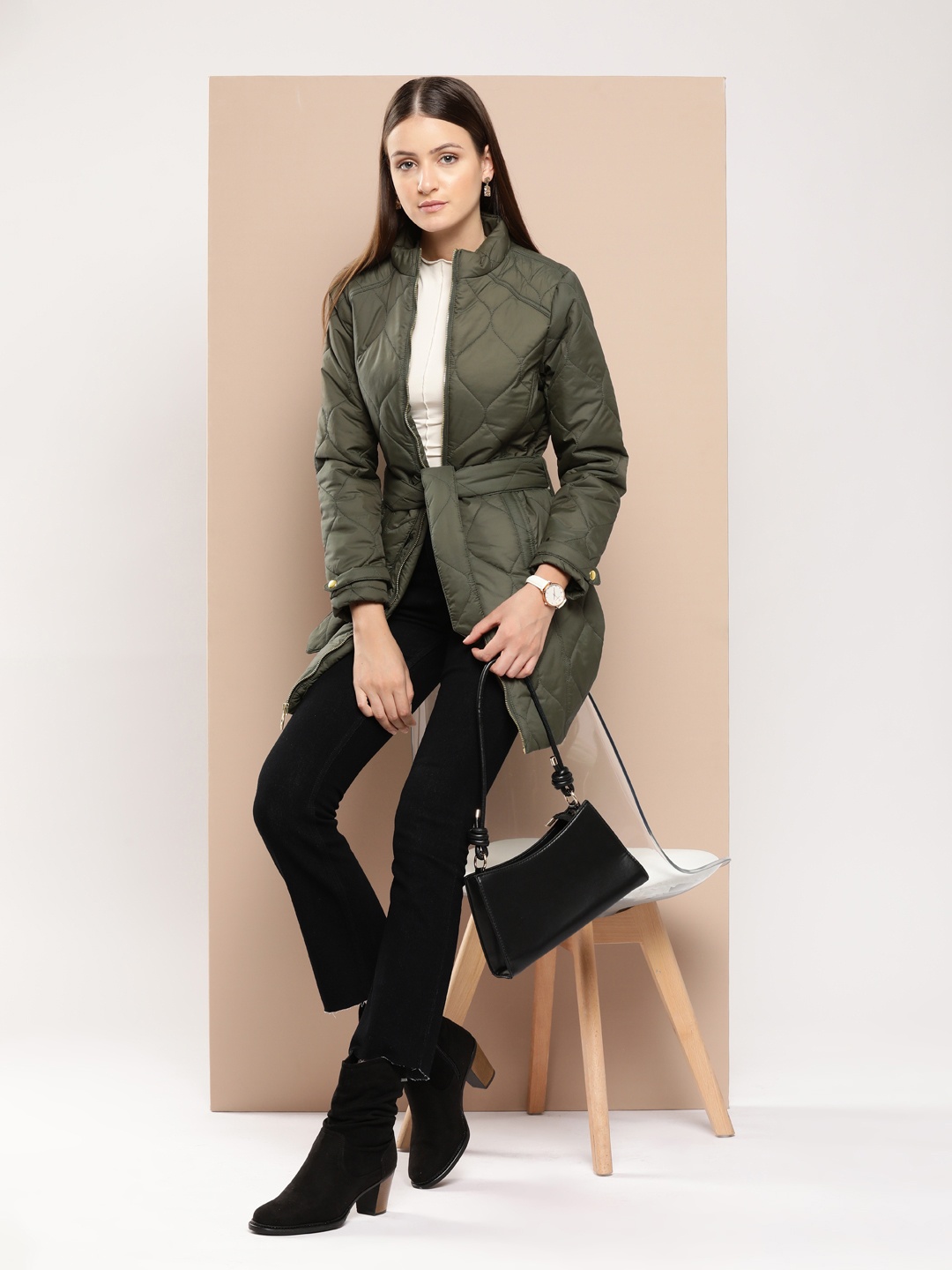 

Chemistry Quilted Detail Longline Padded Jacket, Olive