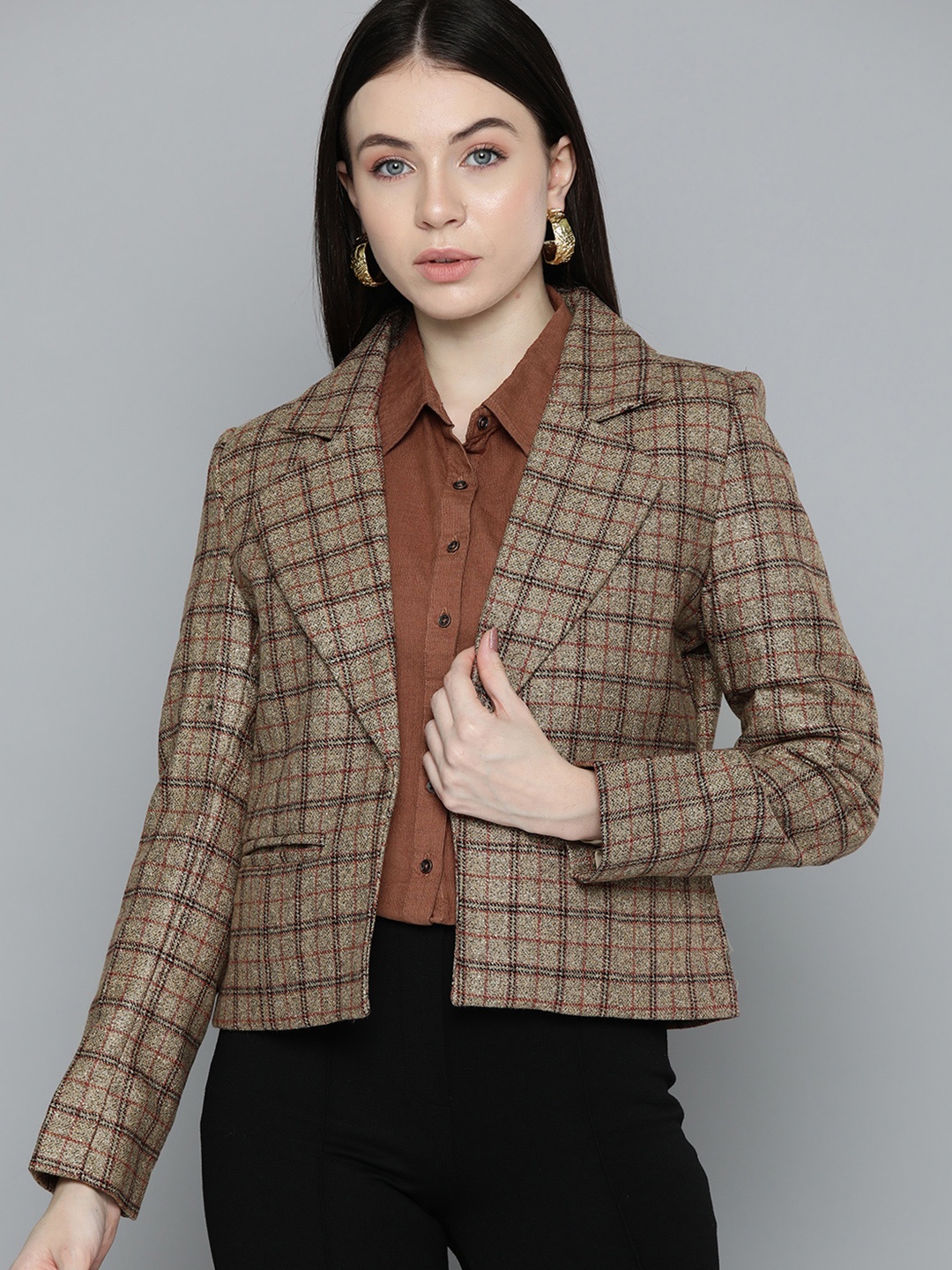 

Chemistry Checked Front Open Blazer, Brown