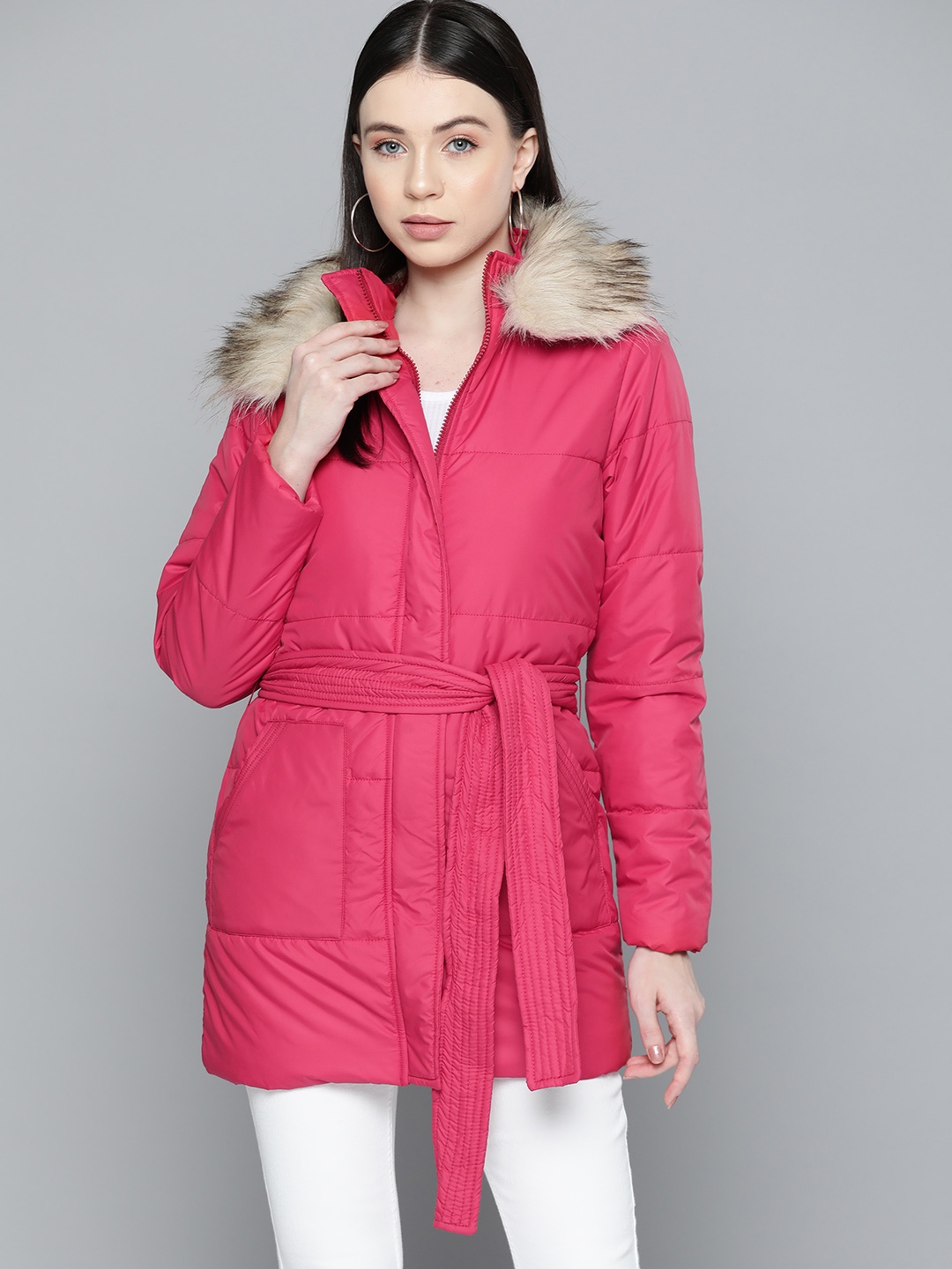 

Chemistry Women Longline Padded Jacket with Belt, Pink