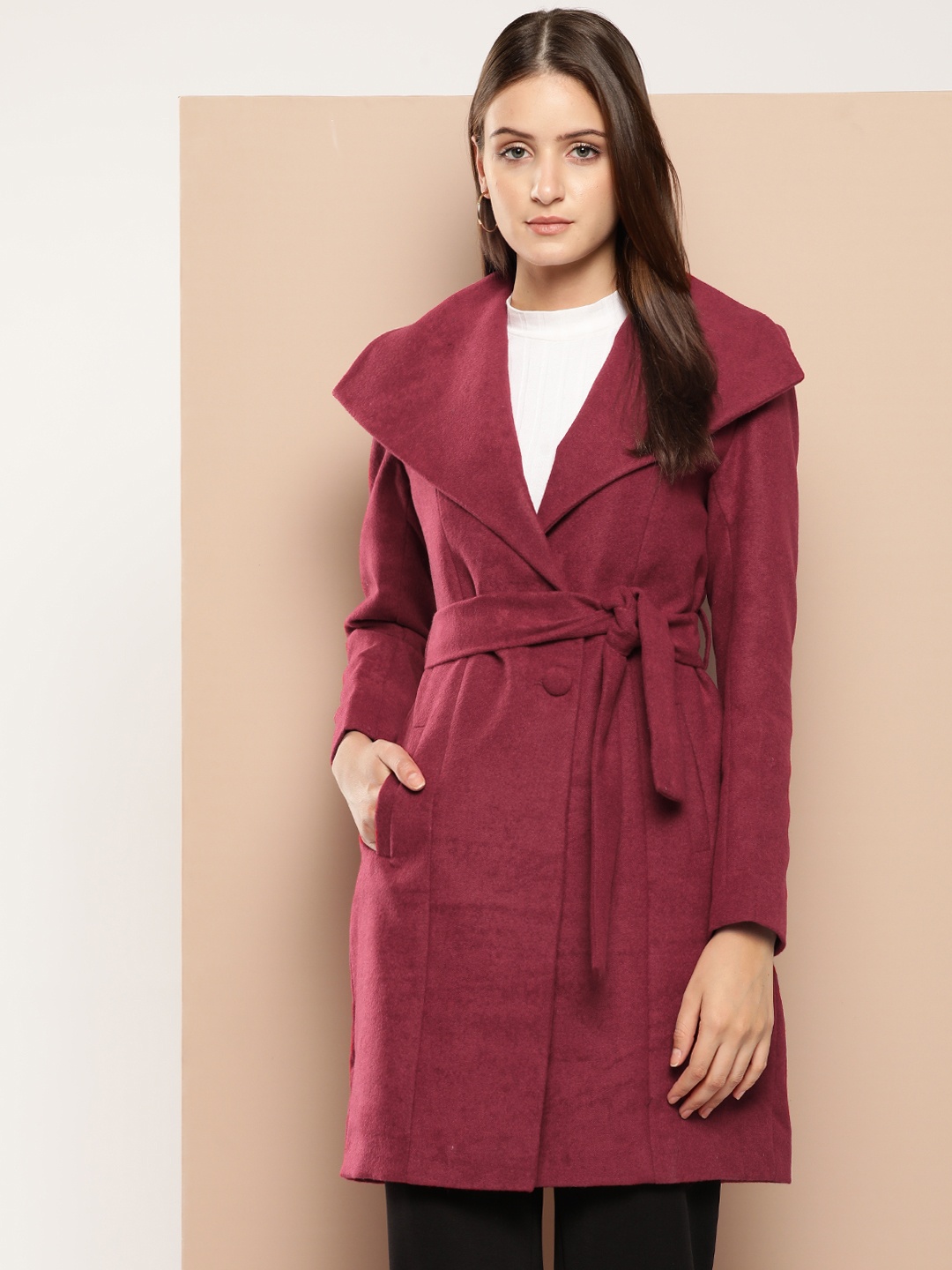 

Chemistry Longline Overcoat With Tie-Up Belt, Maroon