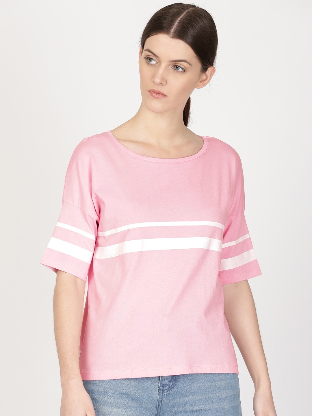 

ether Women Pink & White Striped Dropped Shoulder Round Neck T-shirt