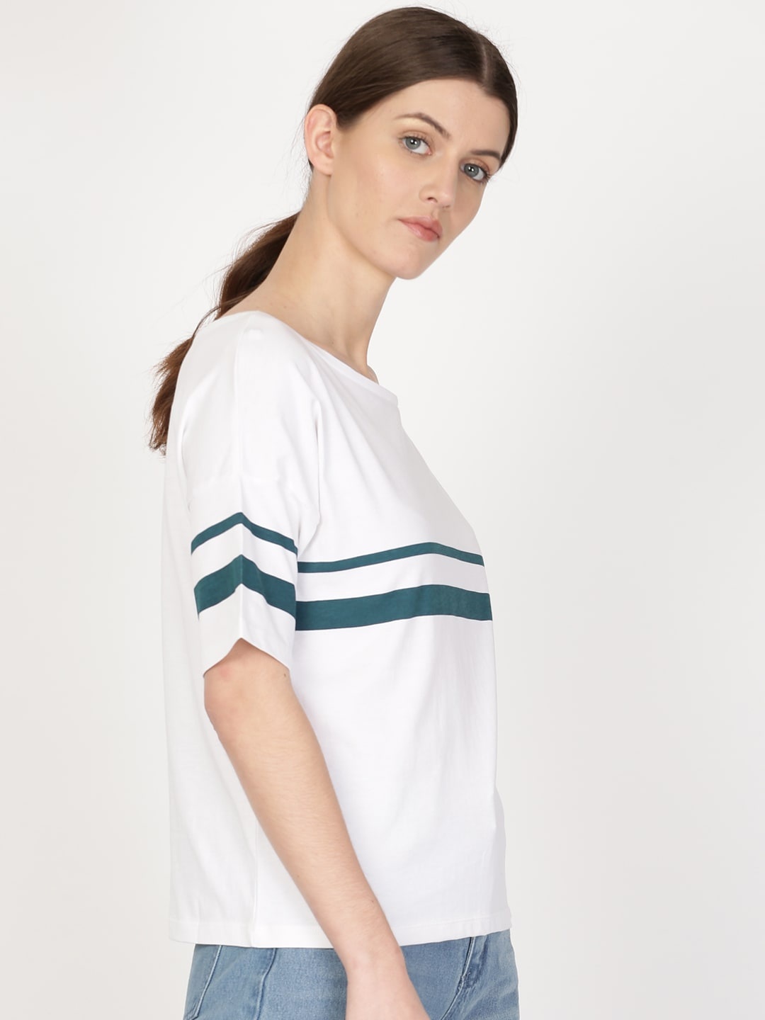 

ether Women White & Blue Striped Dropped Shoulder Round Neck T-shirt