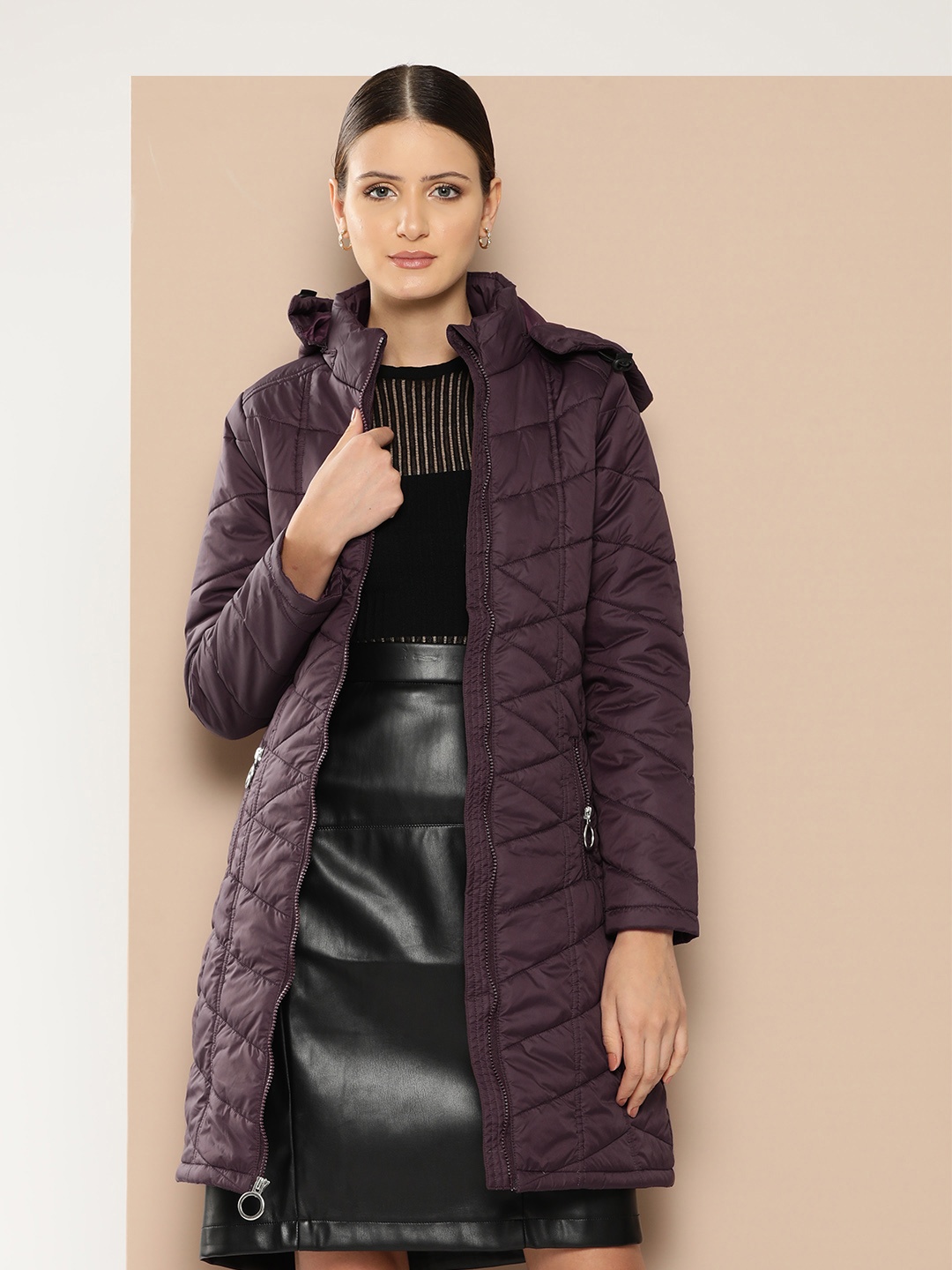 

Chemistry Longline Quilted Jacket with Detachable Hood, Burgundy