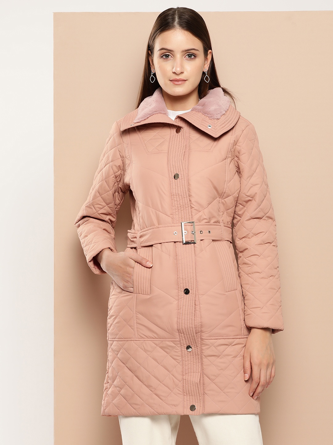 

Chemistry Faux Fur Detailed Belted Longline Padded Jacket, Pink