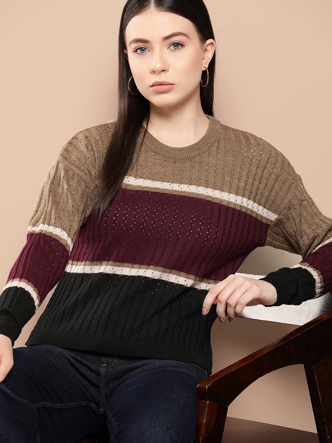 

Chemistry Striped Drop-Shoulder Sleeves Open Knit Acrylic Pullover, Brown