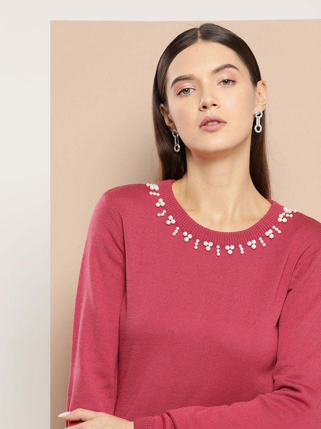

Chemistry Women Acrylic Pullover with Embellished Detail, Pink