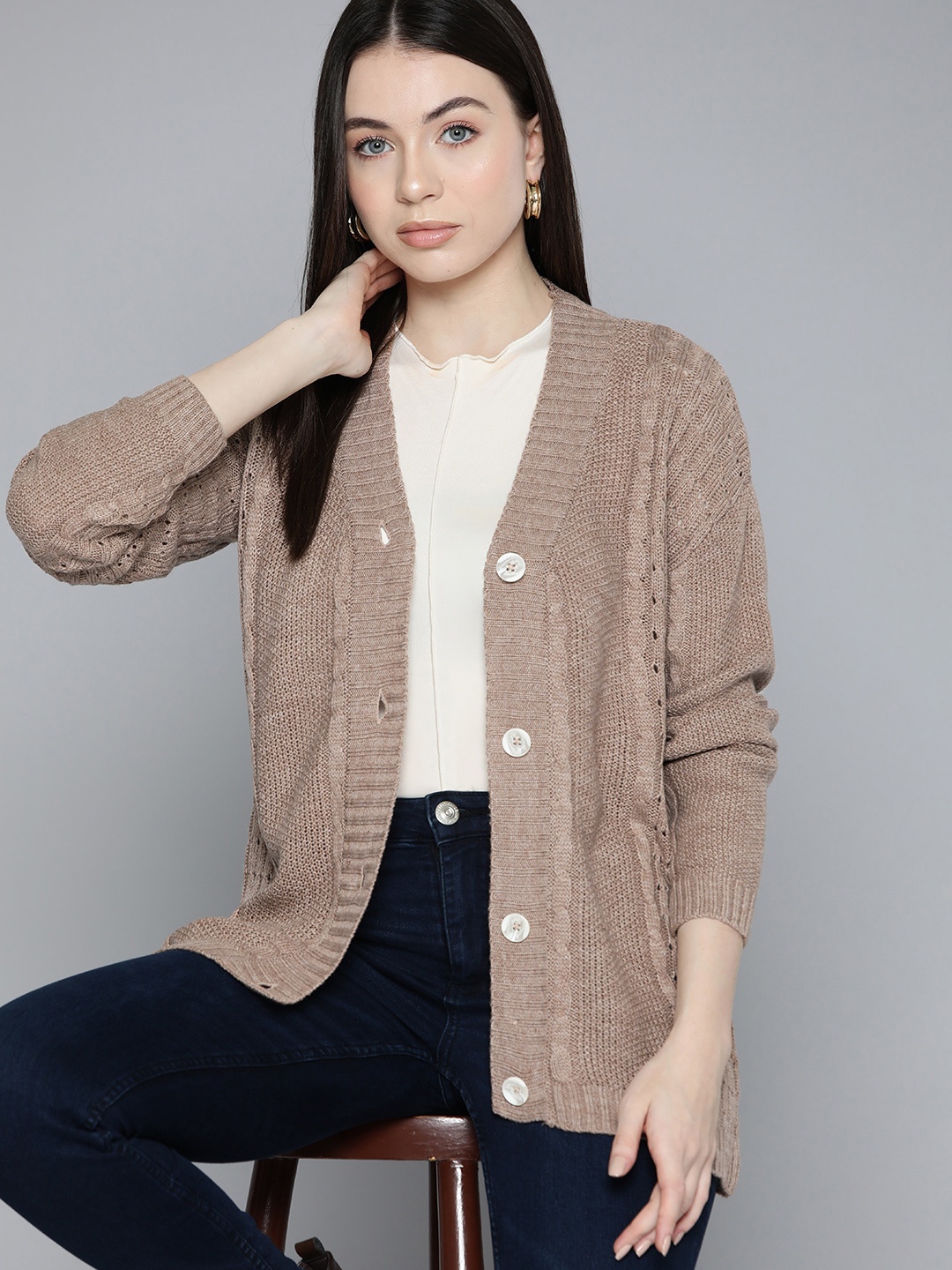 

Chemistry Women Cable Knit Longline Cardigan, Taupe