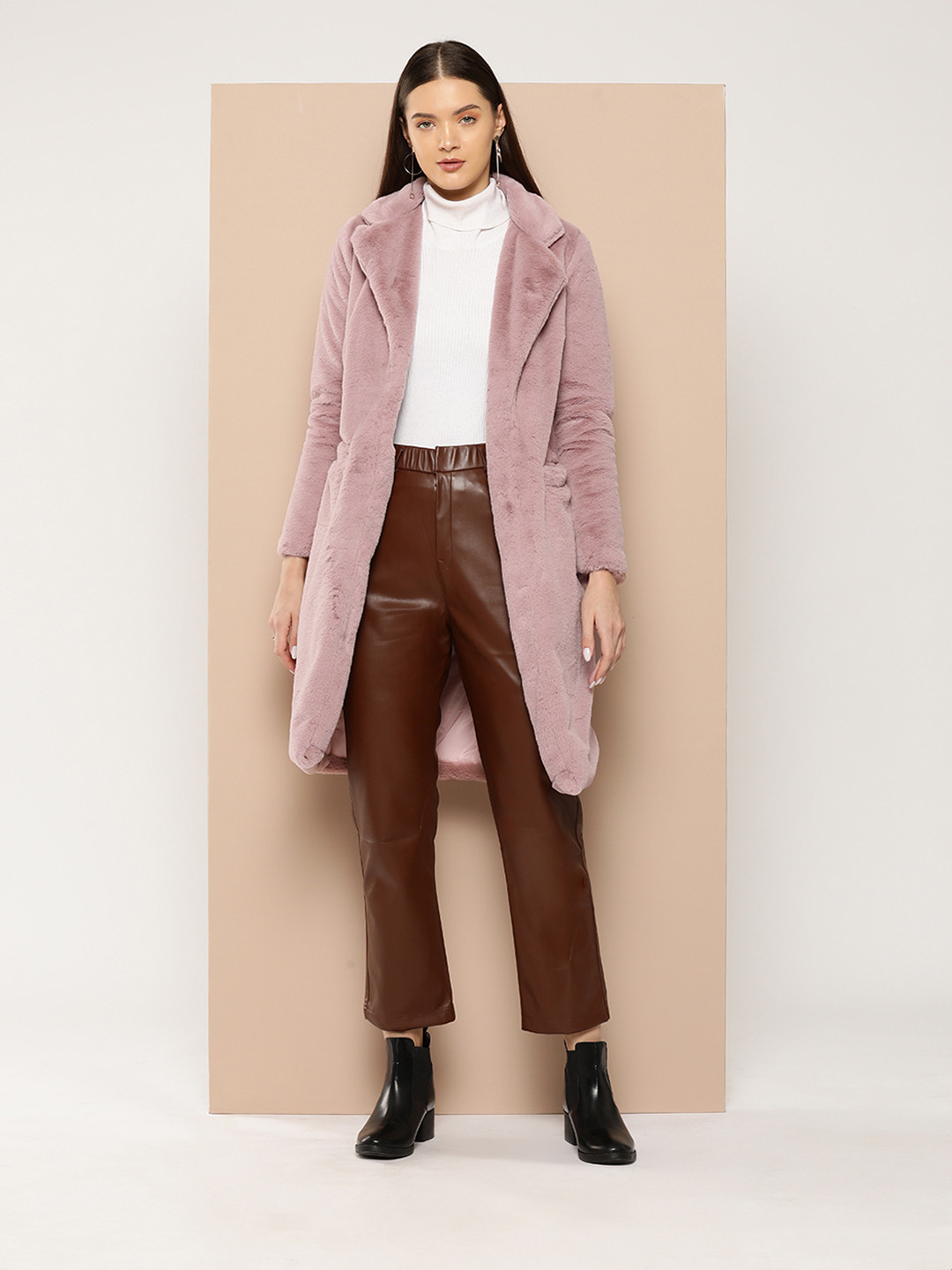 

Chemistry Faux Fur Front-Open Longline Overcoat, Pink