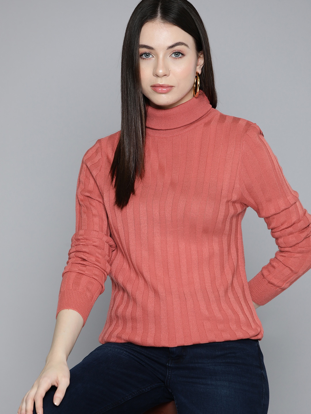 

Chemistry Women Peach-Coloured Striped Pullover