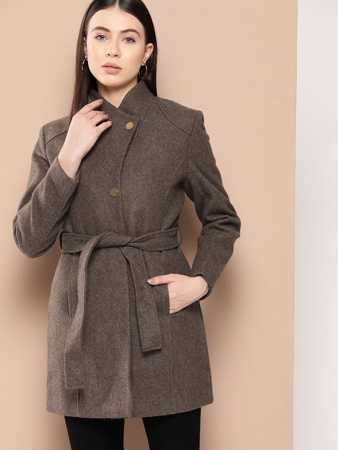 

Chemistry Solid Hip Length Overcoat with Belt, Brown