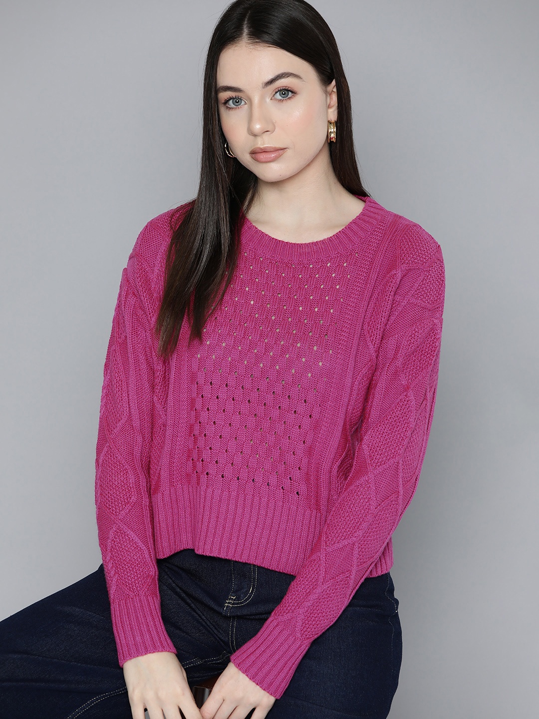 

Chemistry Women Self Design Acrylic Pullover, Fuchsia