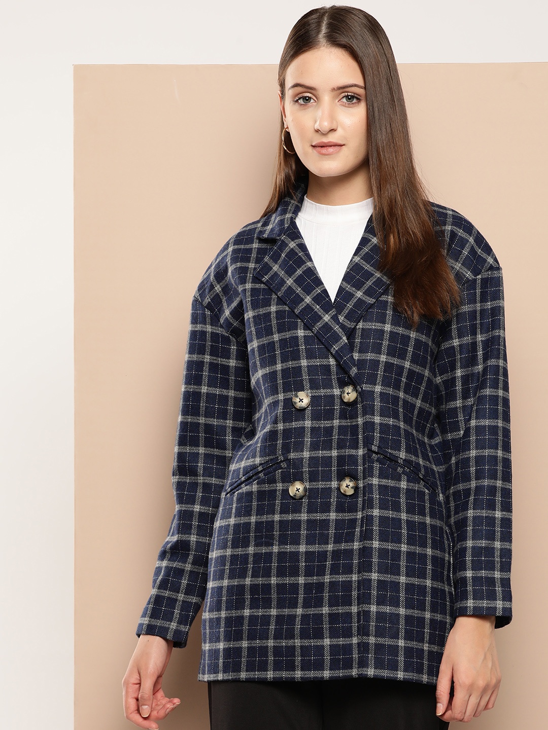 

Chemistry Checked Notched Lapel Drop-Shoulder Sleeves Double-Breasted Over Coat, Navy blue