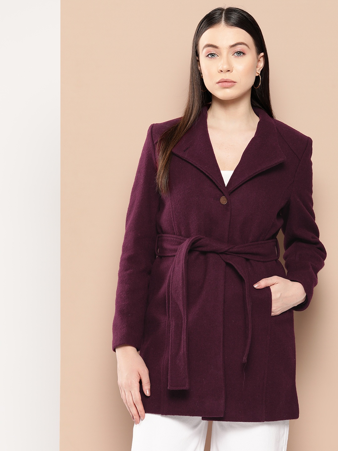 

Chemistry Solid Hip Length Overcoat with Belt, Burgundy