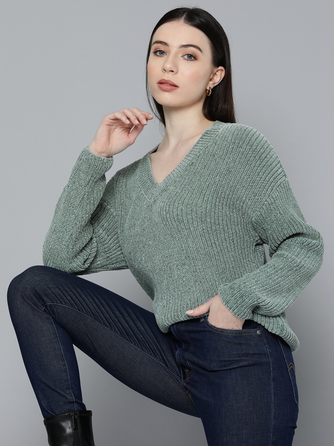 

Chemistry Self-Striped Knitted Pullover, Sea green