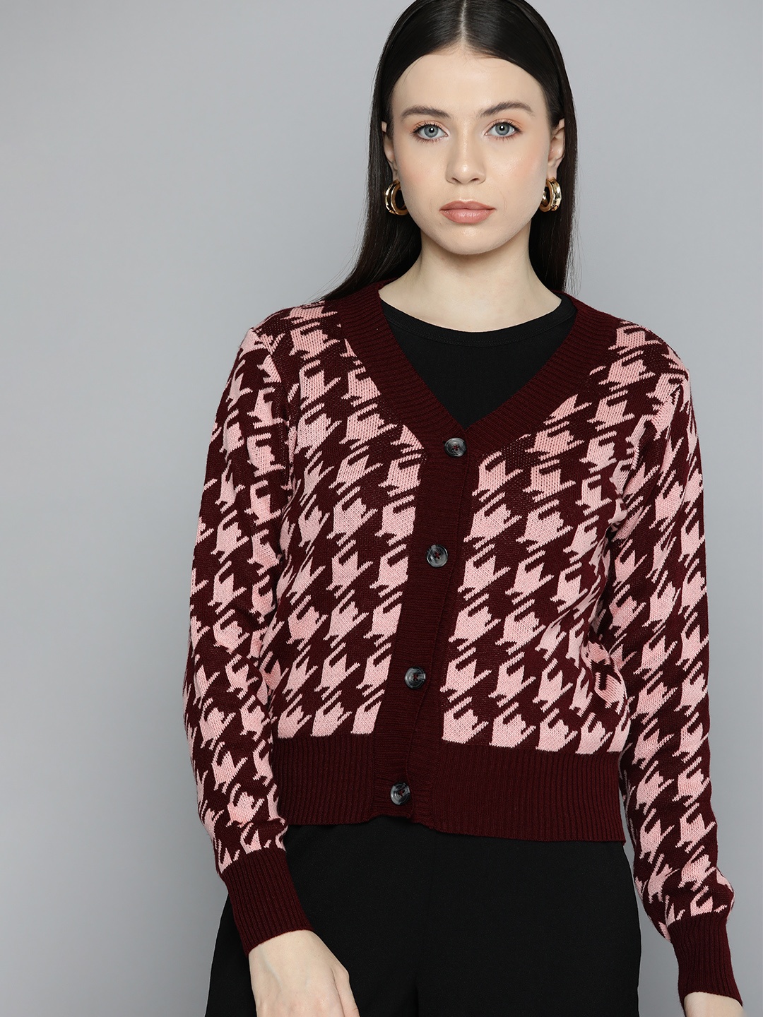 

Chemistry Houndstooth Detail Cardigan, Maroon