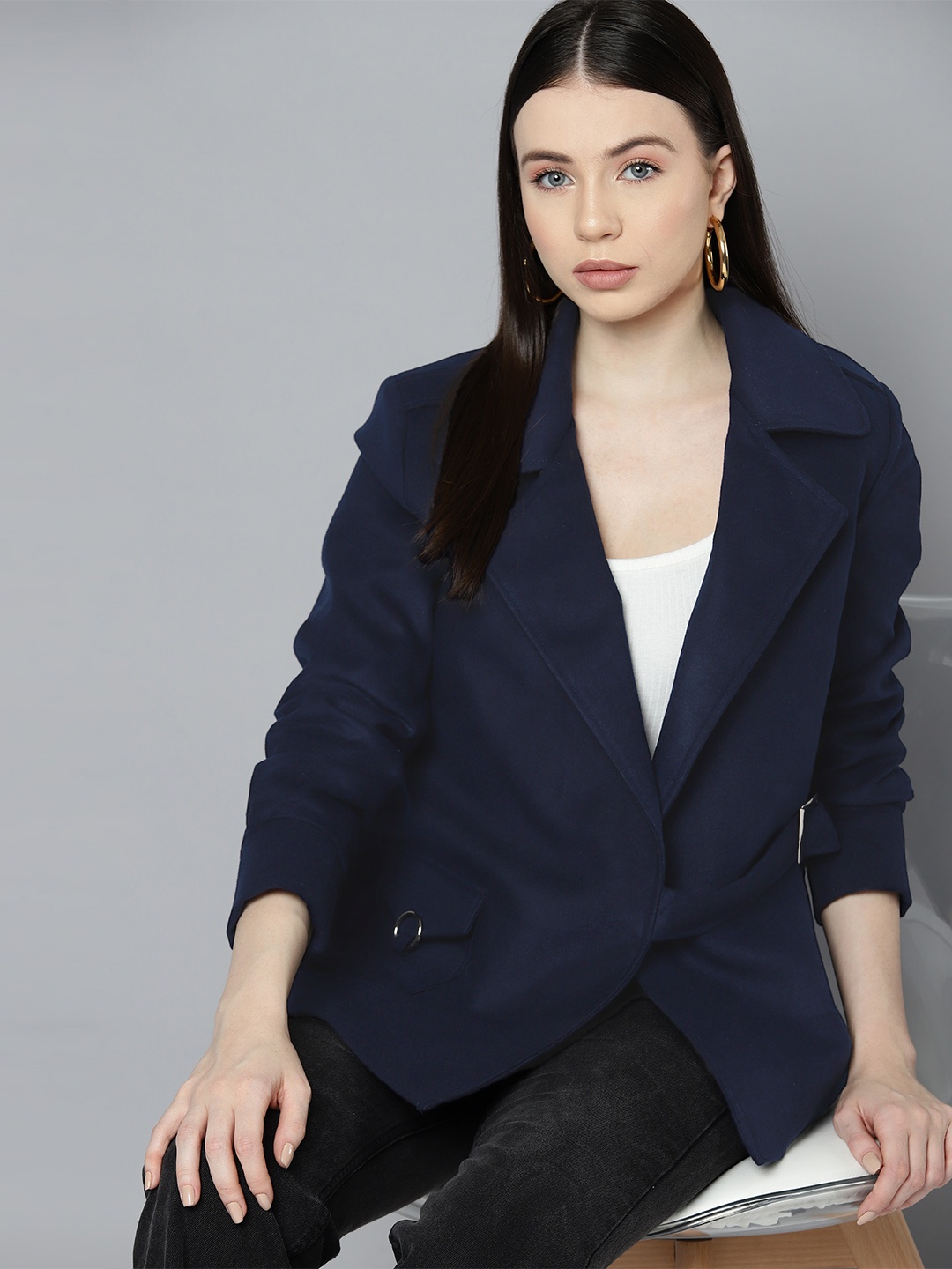 

Chemistry Women Solid Open Front Belted Blazer, Navy blue