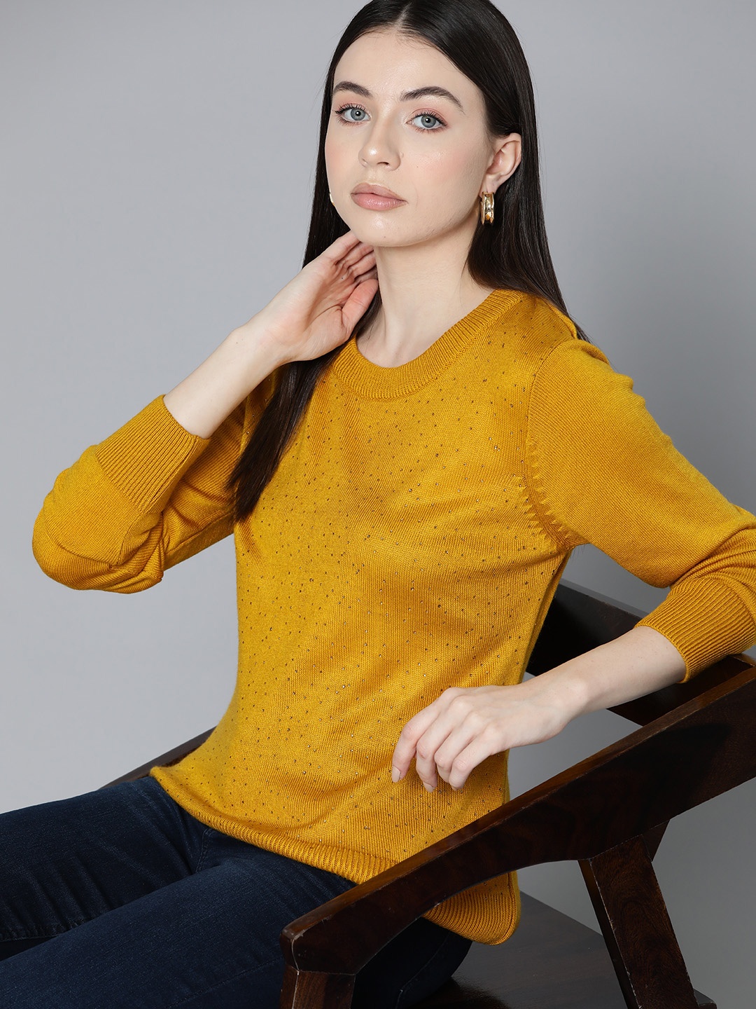 

Chemistry Women Acrylic Pullover with Embellished Detail, Mustard