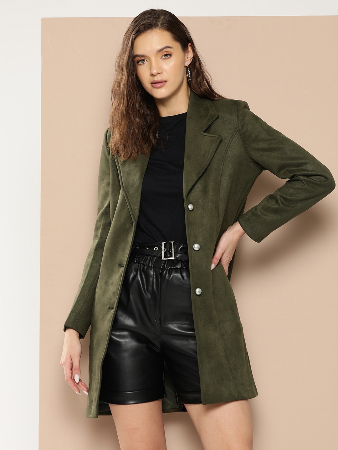 

Chemistry Notched Lapel Collar Longline Overcoat, Olive
