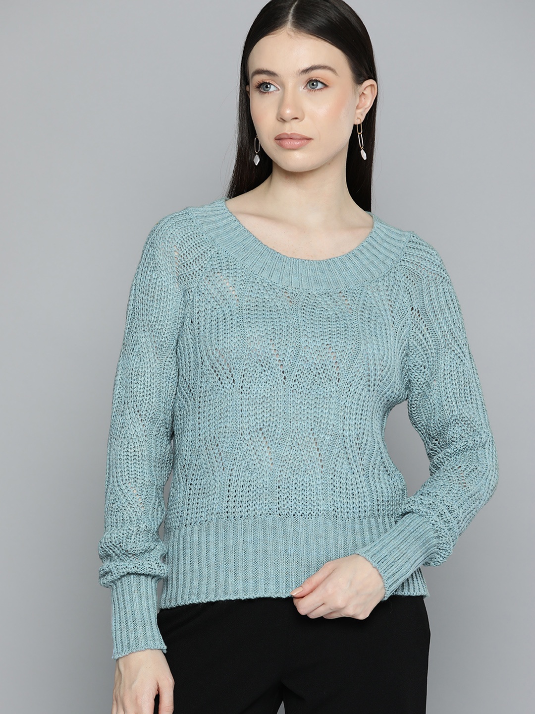 

Chemistry Open Knit Raglan Sleeves Acrylic Pullover, Green