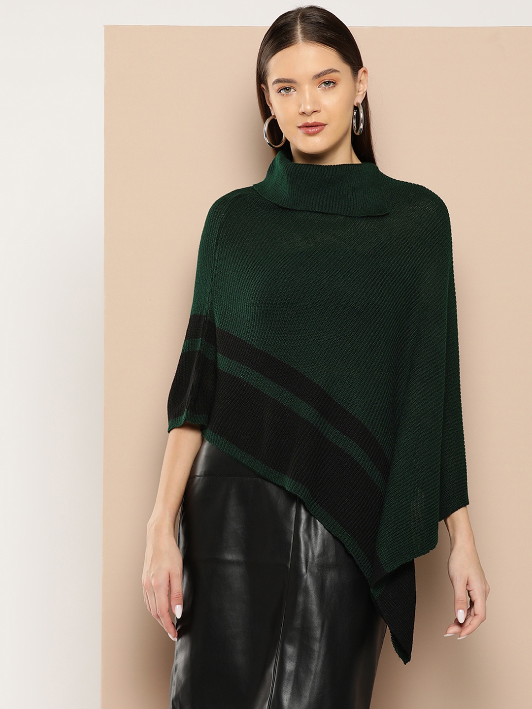 

Chemistry Acrylic Striped Detail Poncho, Green