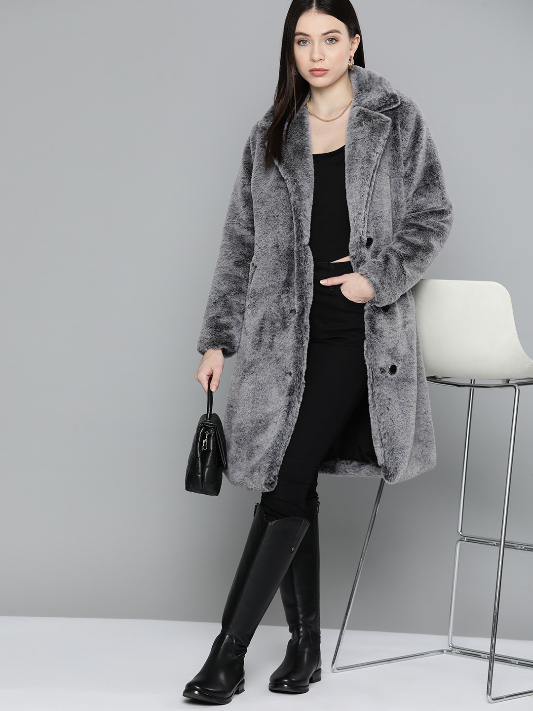 

Chemistry Faux Fur Longline Overcoat, Grey