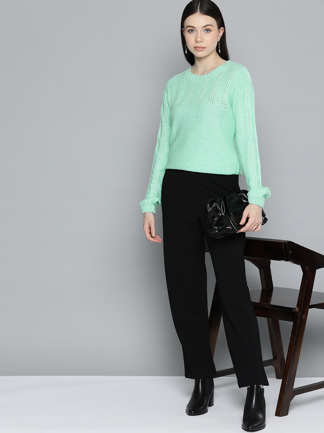 

Chemistry Women Self Design Drop-Shoulder Sleeves Acrylic Pullover, Green