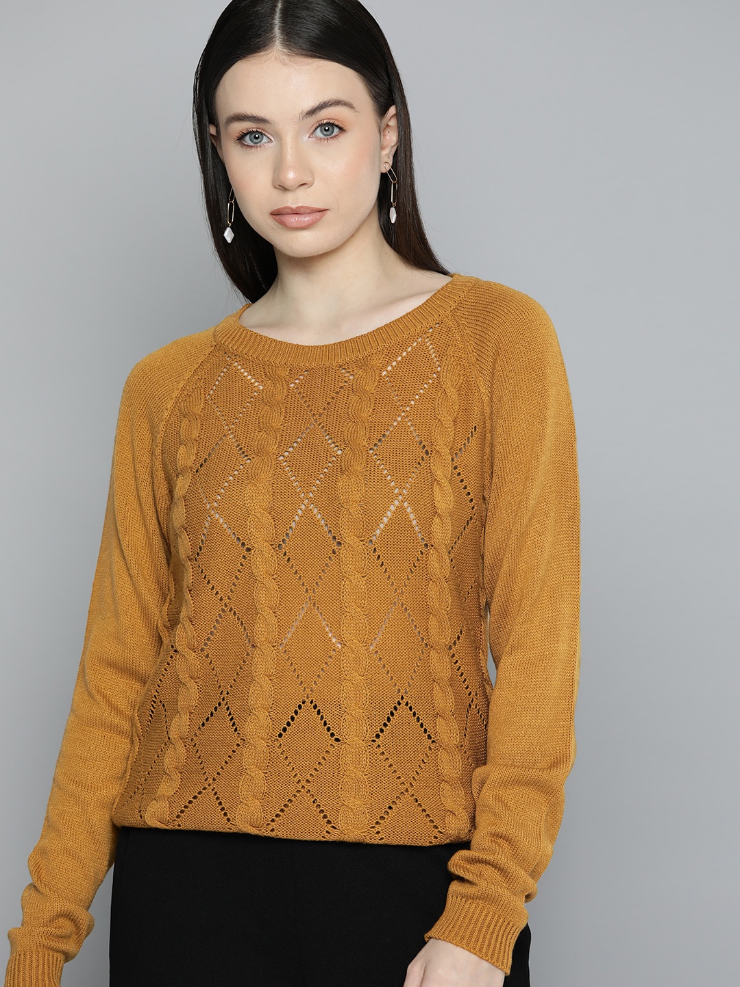 

Chemistry Cable Knit Detailed Raglan Sleeves Open Knit Pullover, Brown