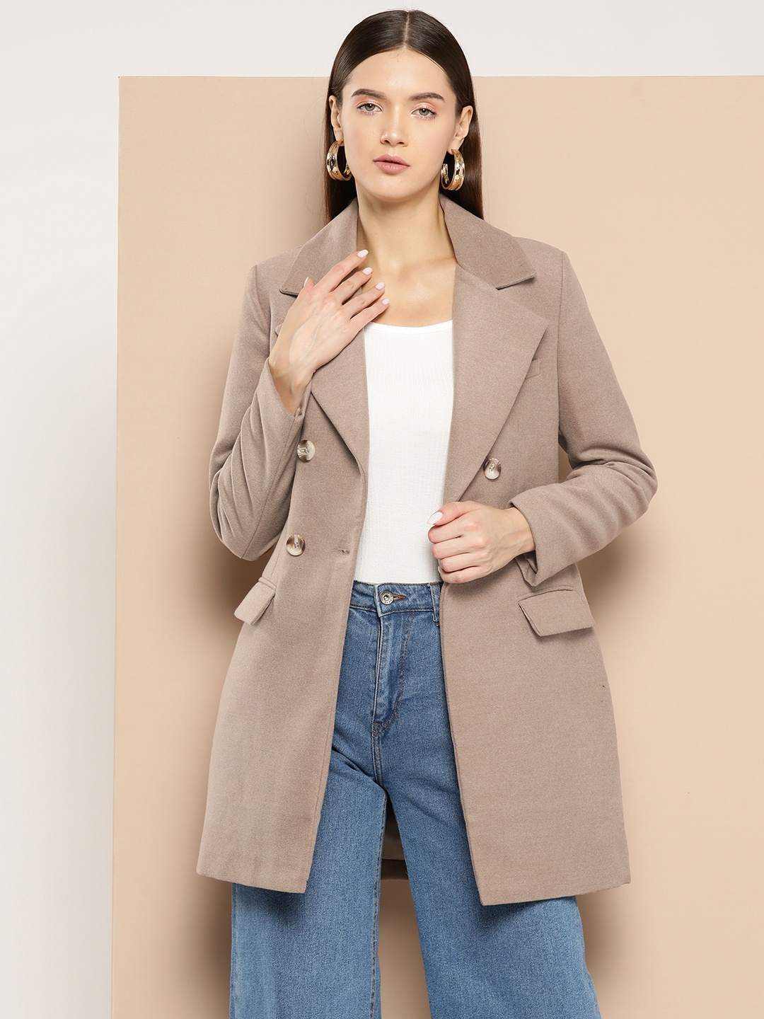 

Chemistry Women Double-Breasted Longline Overcoat, Taupe