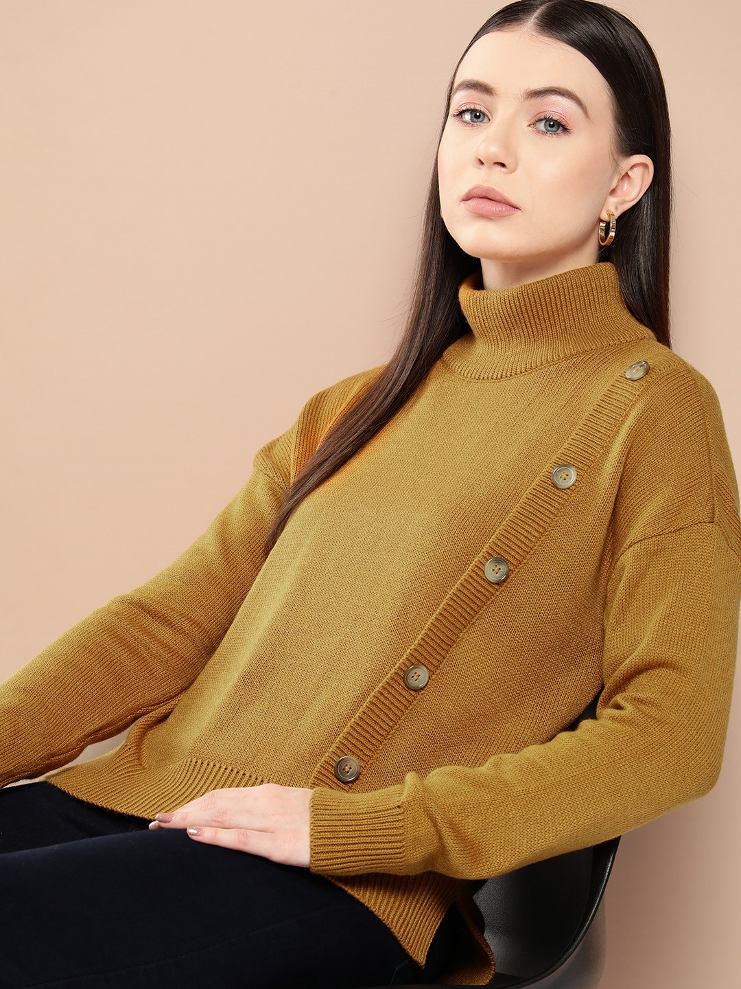

Chemistry Solid Drop-Shoulder Sleeves Button-Detailed Acrylic Pullover, Mustard