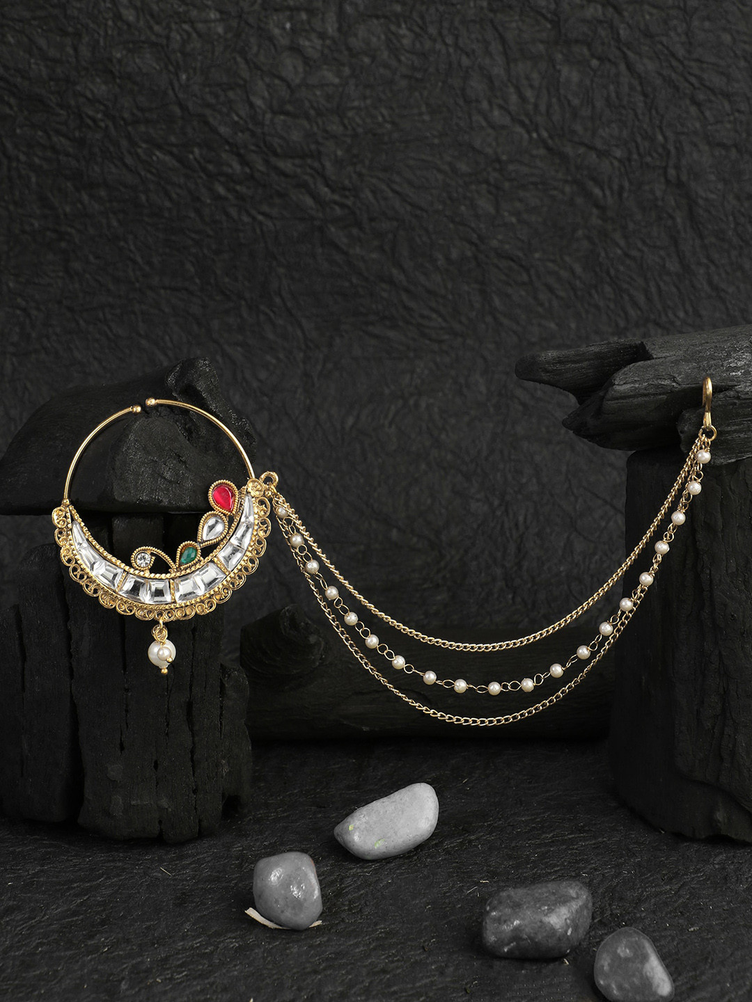 

Adwitiya Collection 24KT Gold-Plated Stone-Studded Clip-On Nosepin With Beaded Extension