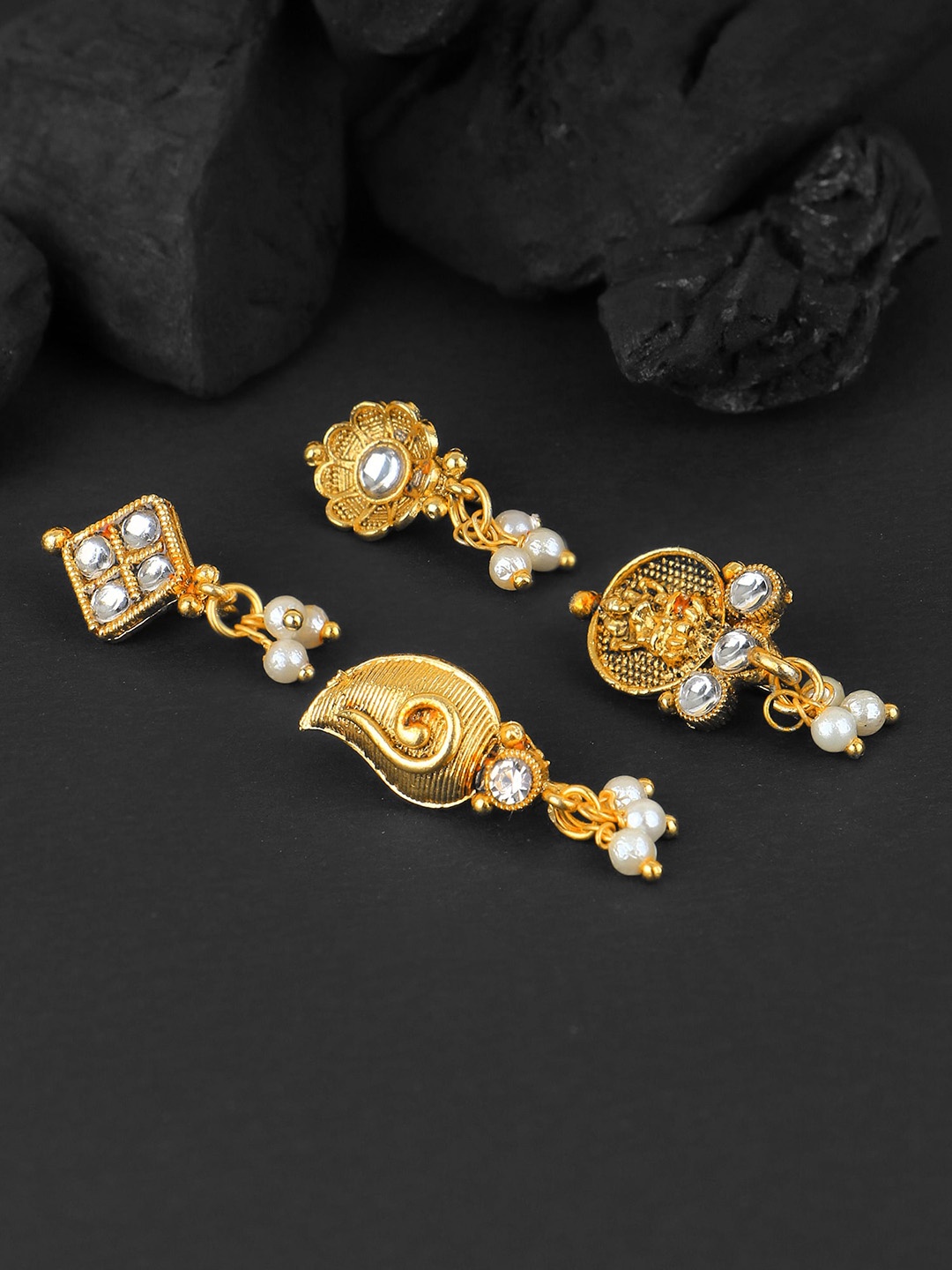 

Adwitiya Collection Set Of 4 Gold-Plated Stone-Studded Clip-On Nosepin