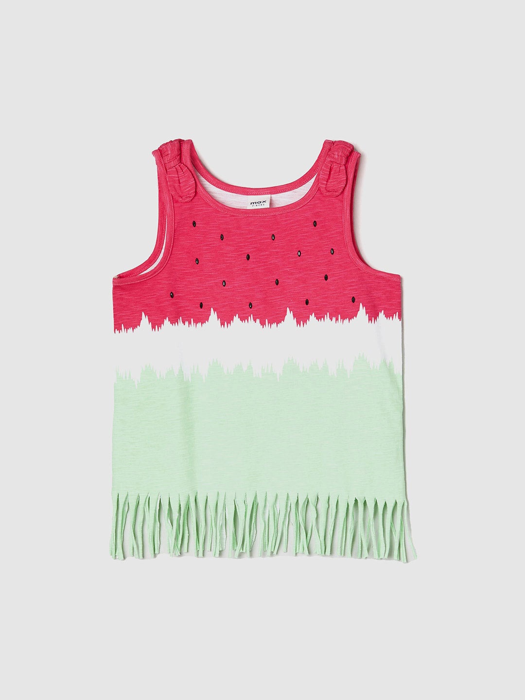 

max Girls Colourblocked Sleeveless Embellished Fringed Pure Cotton T-shirt, Pink