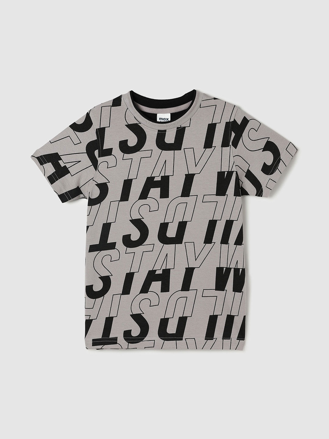 

max Boys Typography Printed Round Neck Cotton T-shirt, Grey