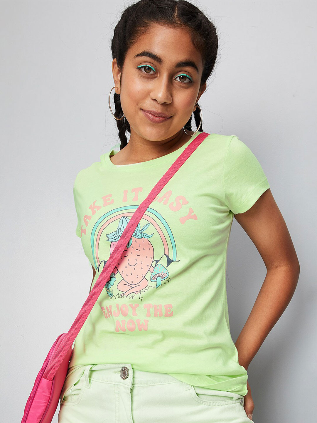 

max Girls Typography Printed Short Sleeves Cotton T-shirt, Green