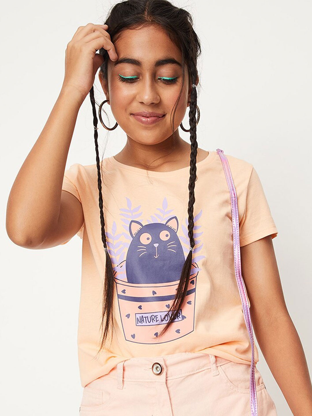 

max Girls Graphic Printed Casual Cotton T-shirt, Peach