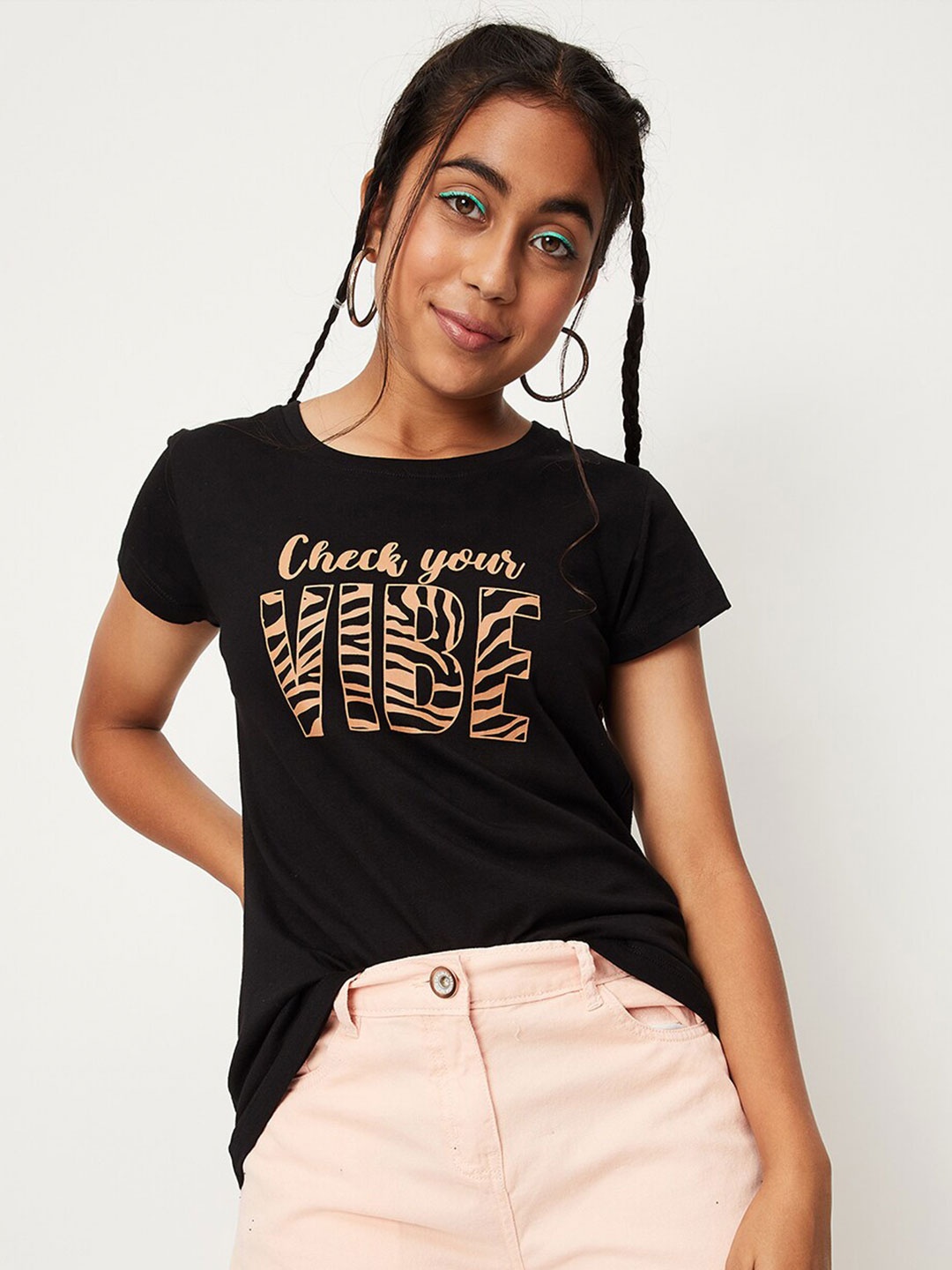 

max Girls Typography Printed Cotton T-shirt, Black