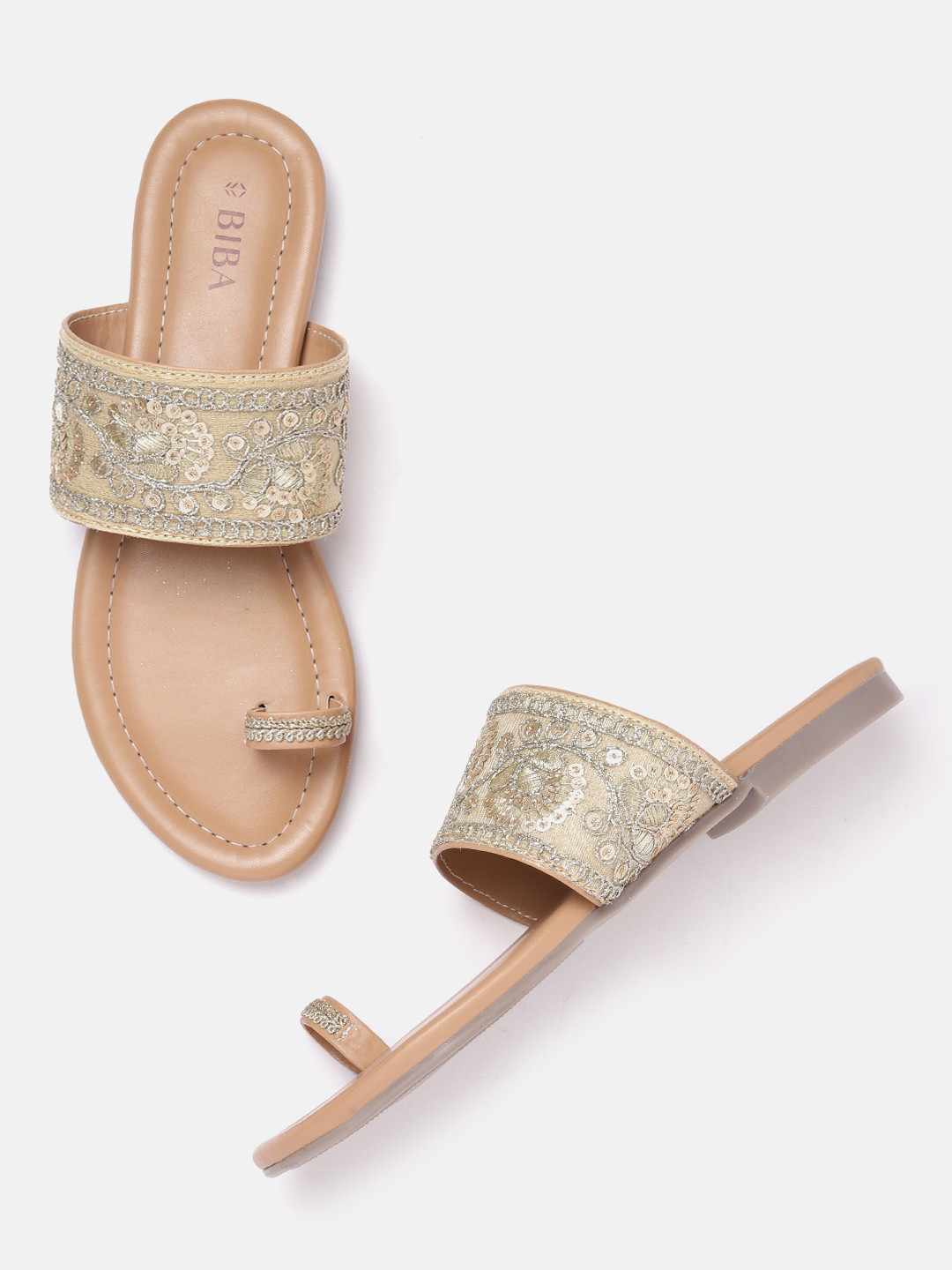 

Biba Women Sequin & Thread Work Embellished Ethnic One Toe Flats, Beige