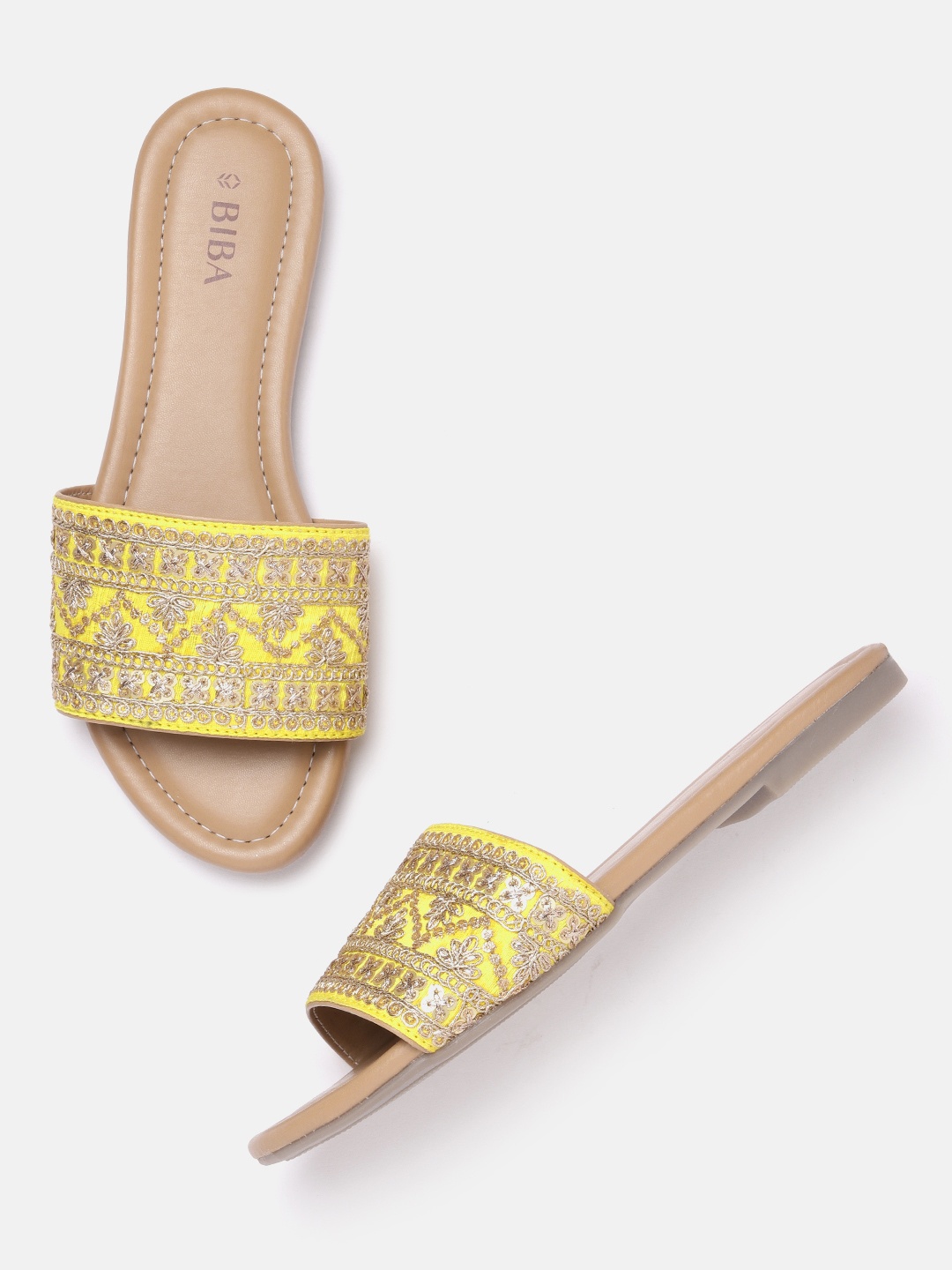 

Biba Women Sequin and Thread Work Embellished Ethnic Open Toe Flats, Yellow