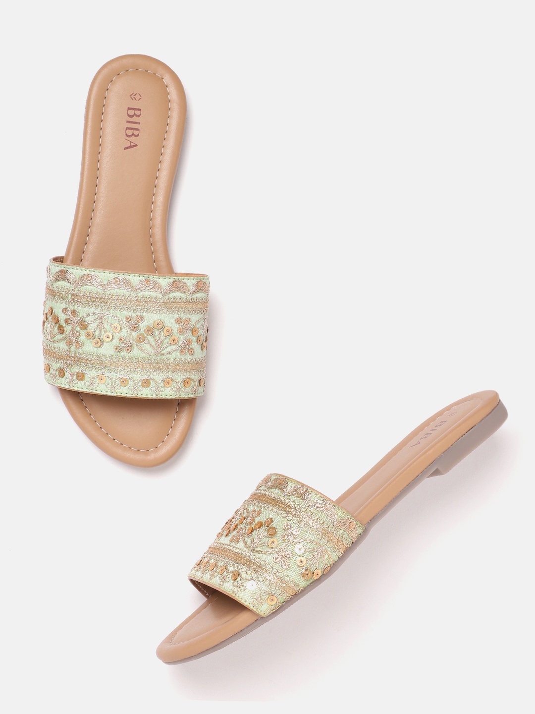 

Biba Women Woven Design Ethnic Open Toe Flats with Sequinned Detail, Green