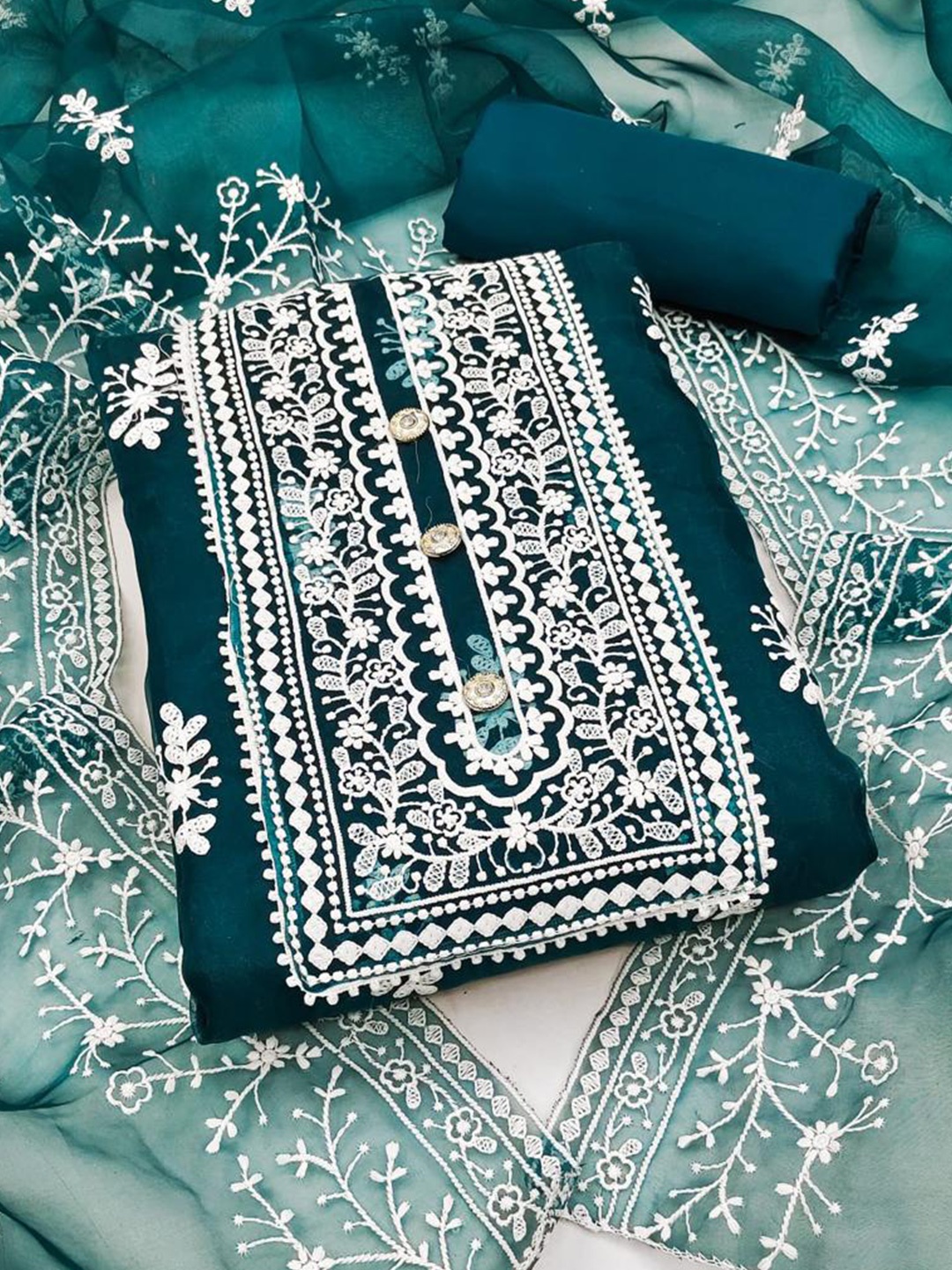 

MORLY Teal & White Embroidered Organza Unstitched Dress Material