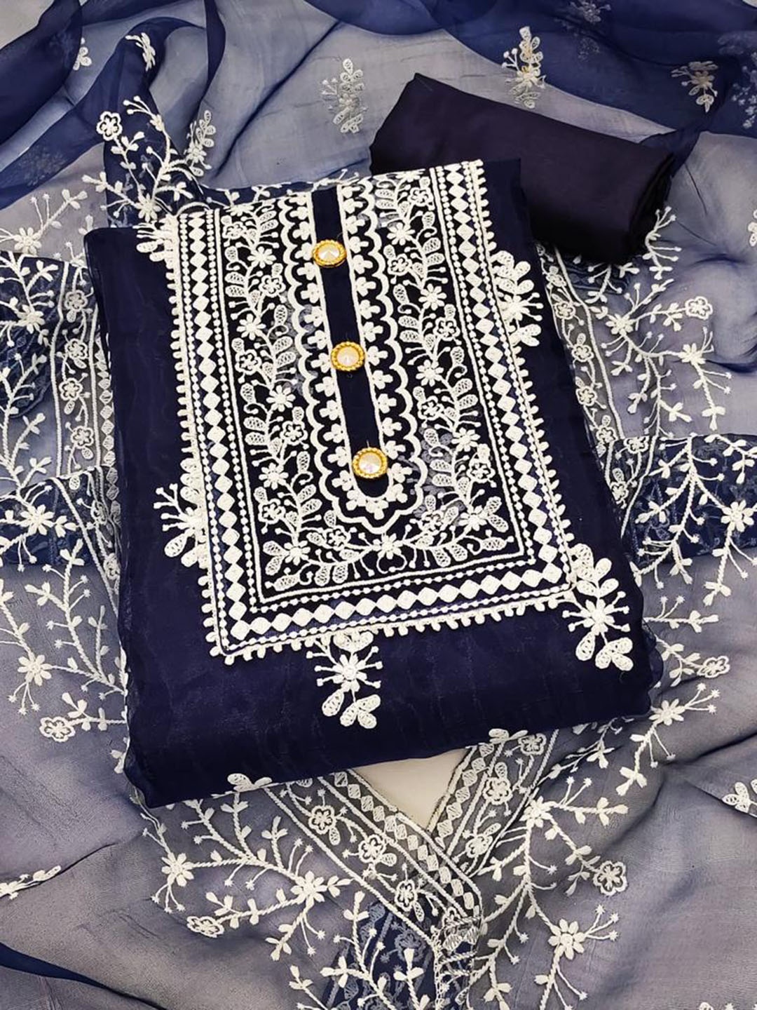 

MORLY Navy Blue & White Embroidered Organza Unstitched Dress Material