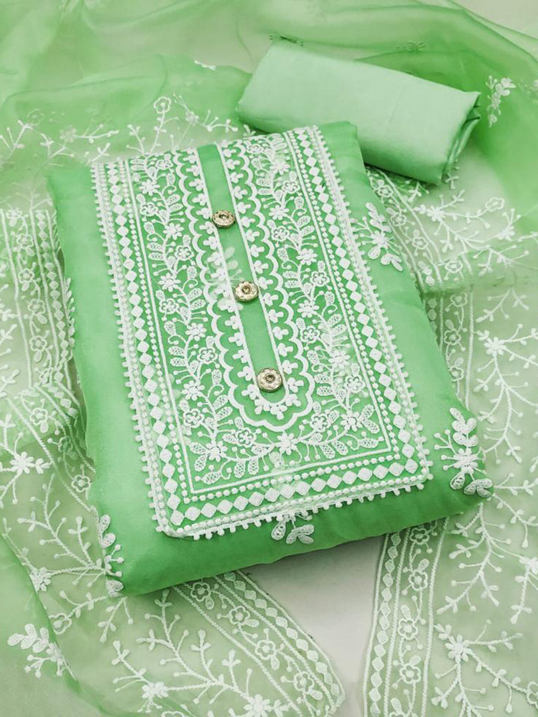 

MORLY Lime Green & White Embroidered Organza Unstitched Dress Material